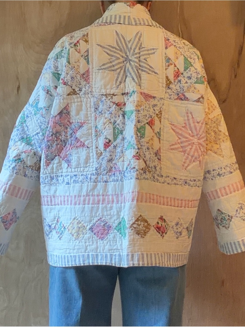 Women's Handmade Patchwork Quilted Jacket - White, Blue, Pink - Picture 9 of 9